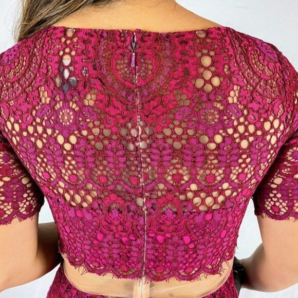 Marchesa Notte Deep Red Lace Sheer Dress $795 - Picture 7 of 12